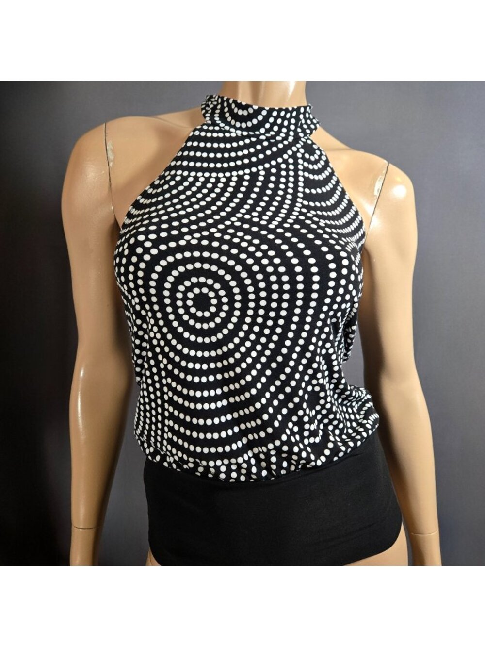 Y2K Halter Top Size S Polka Dot Swirl Print Black White Stretchy Mod Groovy